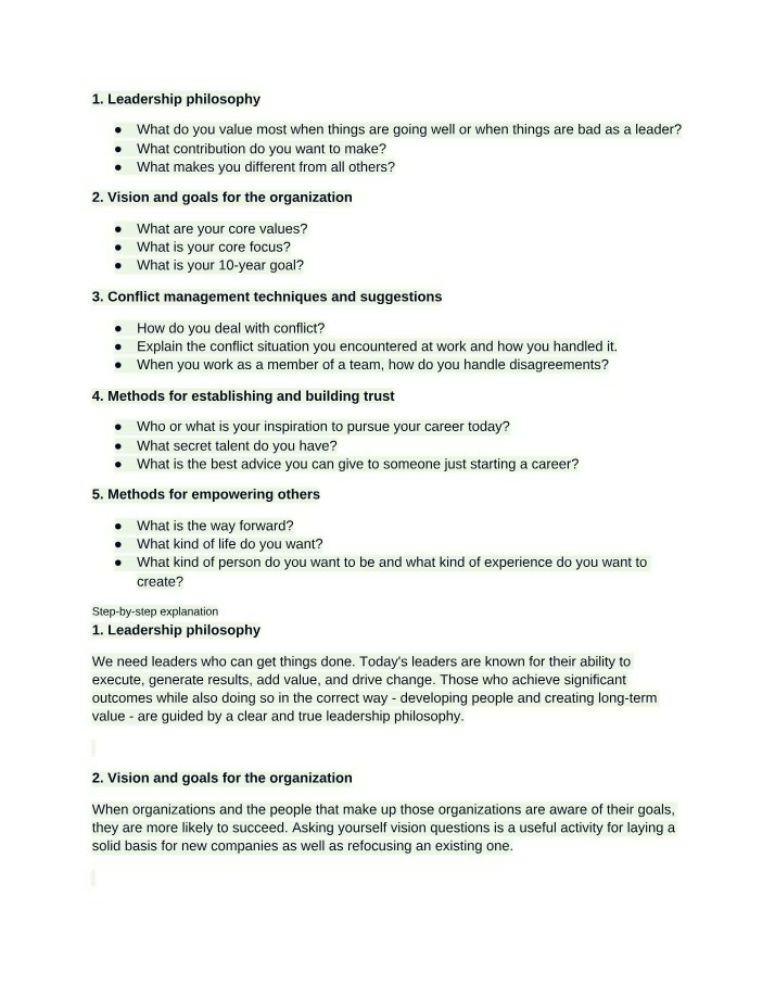 Leadership, Vision, Conflict Resolution, Trust, and Empowering Others - Notes and Questions