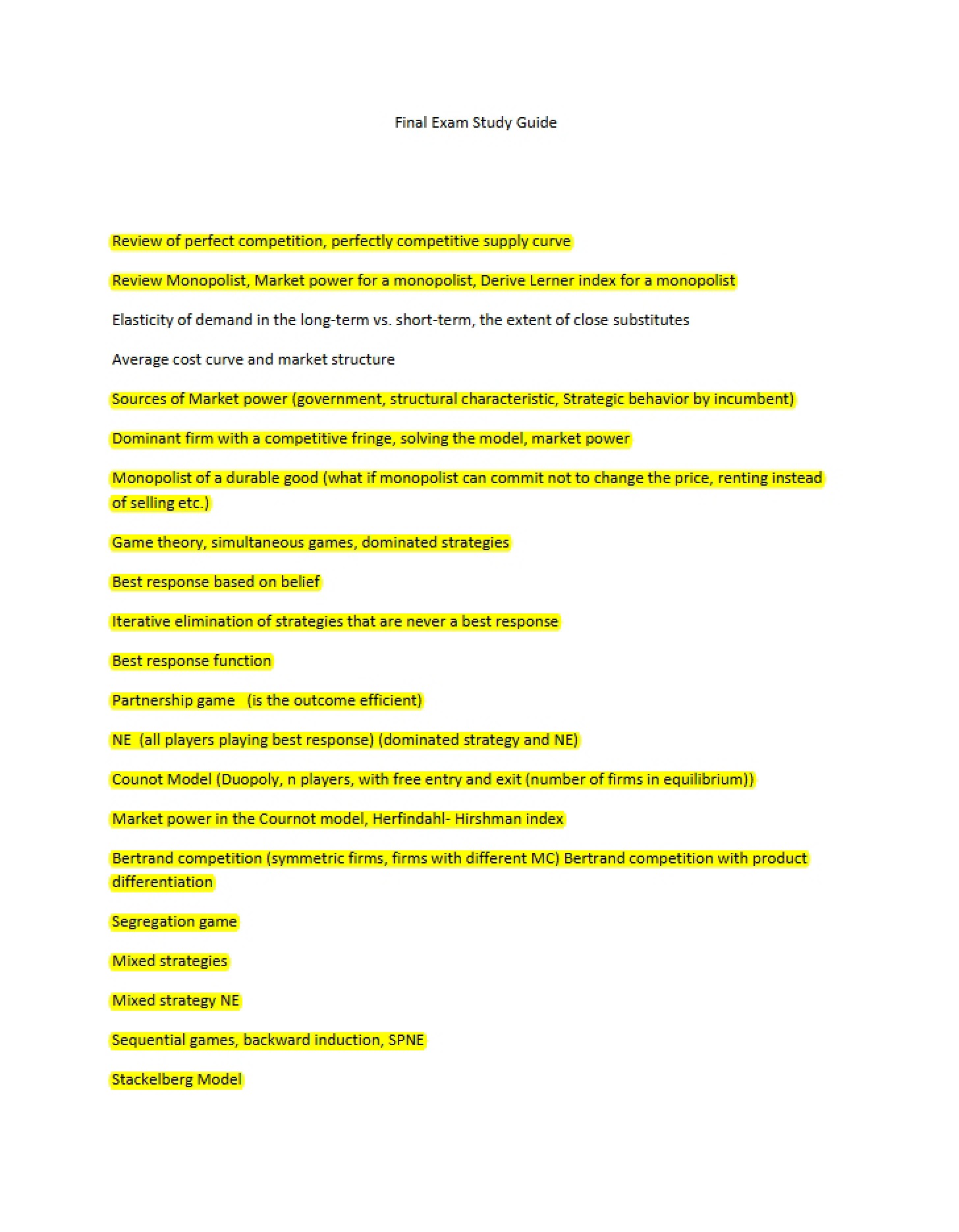 Guide for Final Exam Study