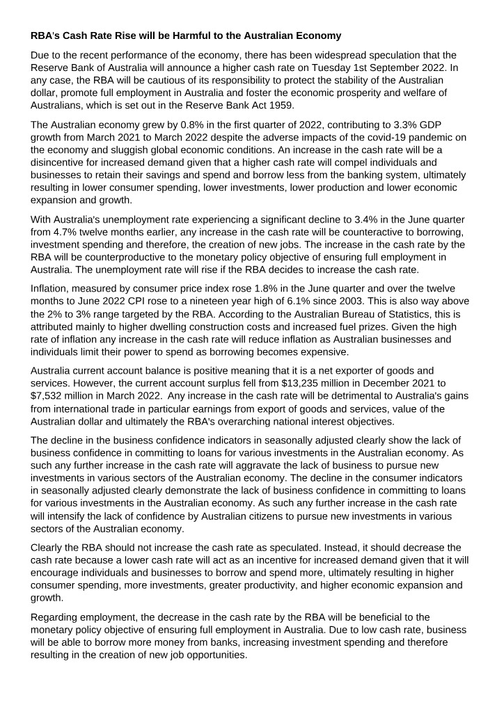 Impact of RBA Cash Rate Rise on the Australian Economy