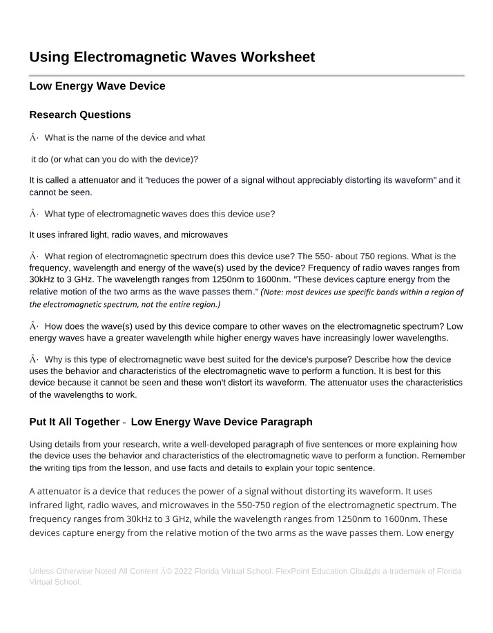Worksheet on Using Electromagnetic Waves