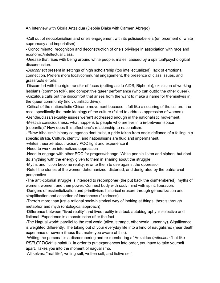 Gloria Anzaldua Interview Summary - Neocolonialism, Disconnect, and Exclusion