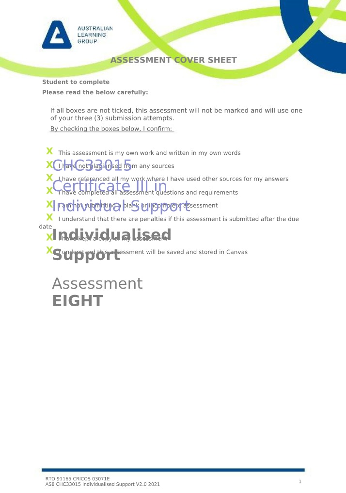 Individualised Support Assessment Task 8 (CHC33015)