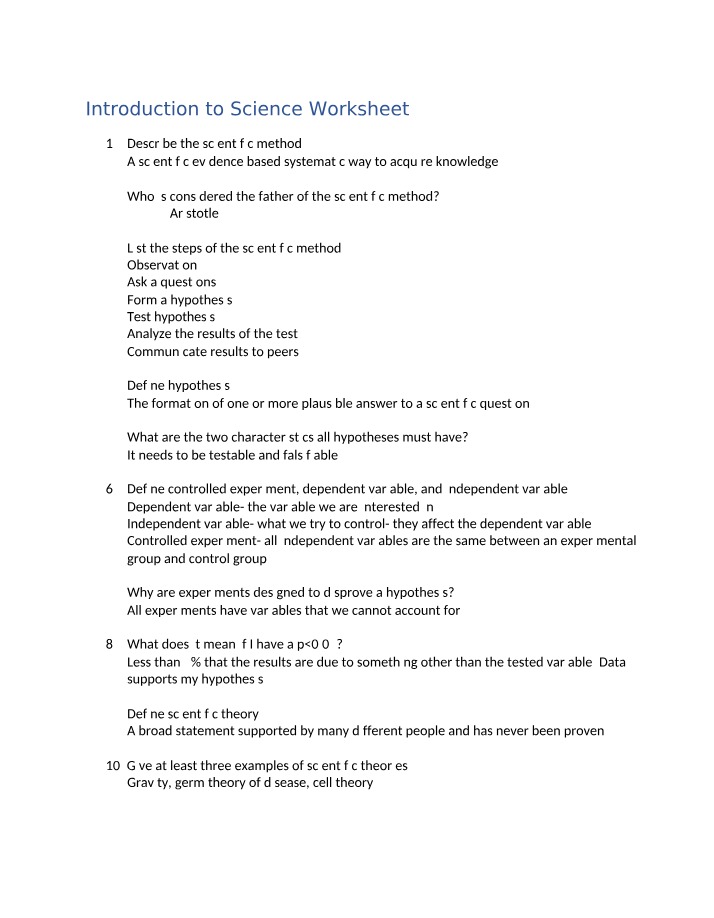 Worksheet on Introduction to Science