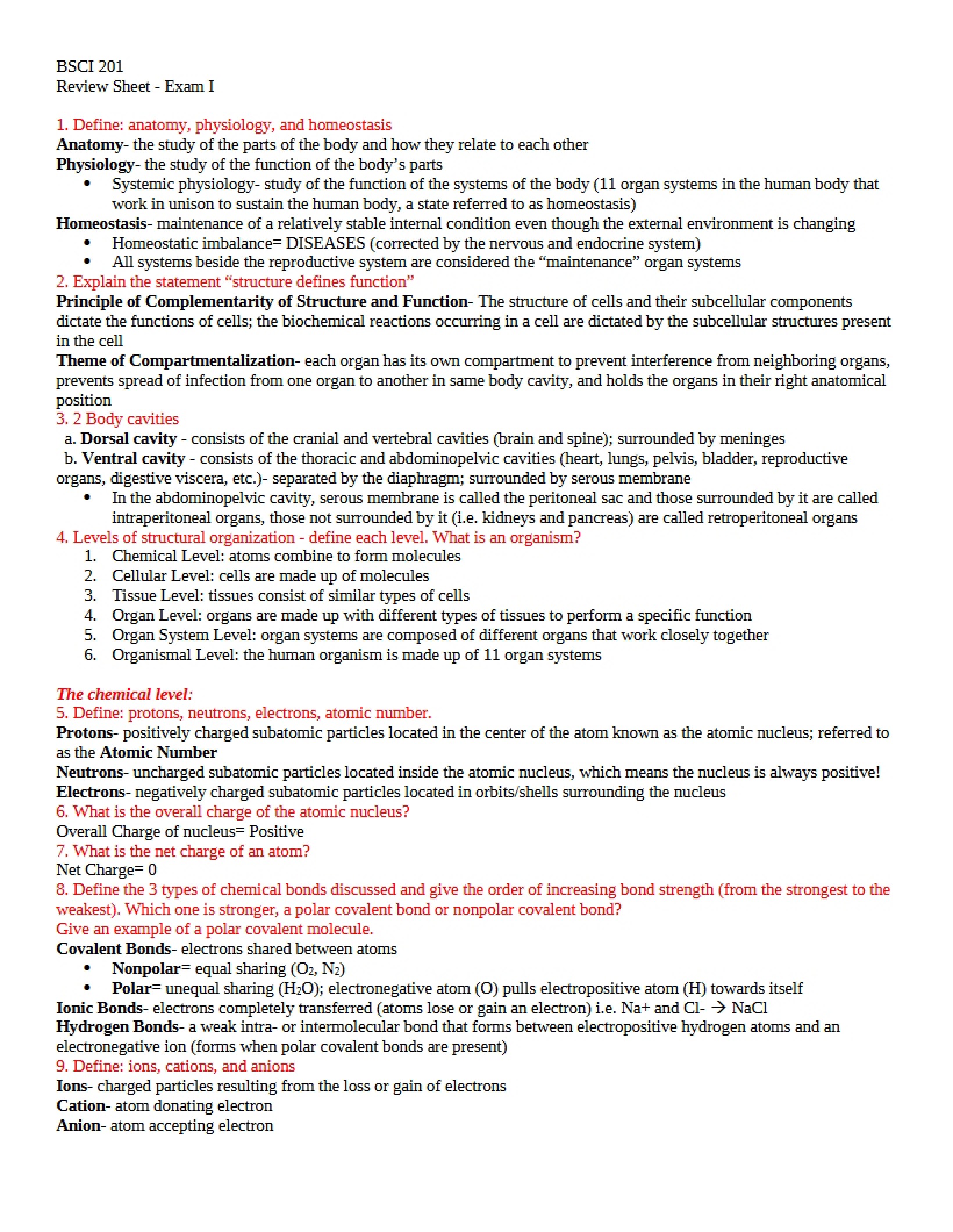 Exam I Review Sheet