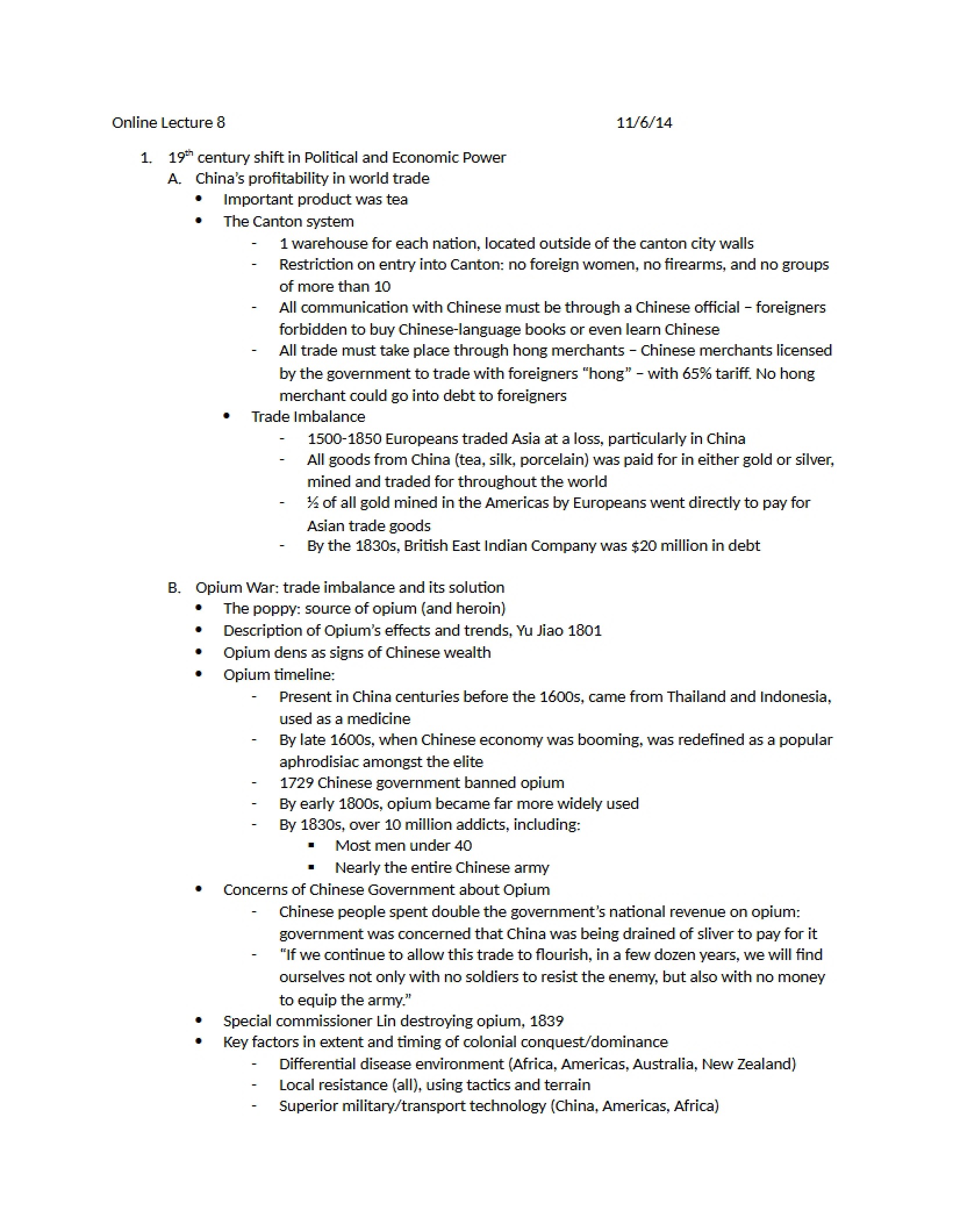 Outline for Eighth Online Lecture
