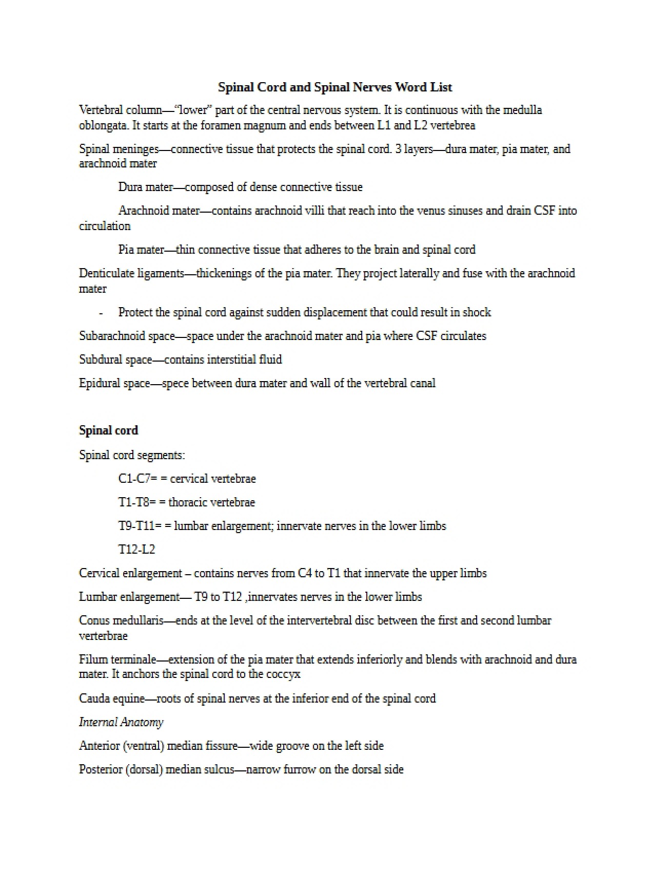 Word List Spinal Nerves and Cord