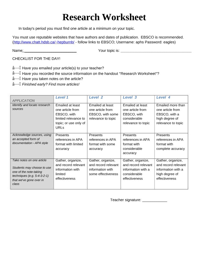 Worksheet for Research