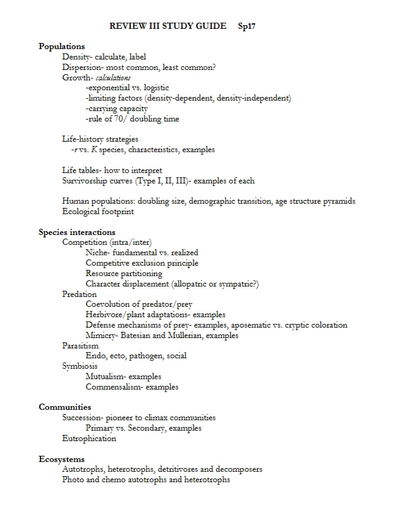 Study Guide for Biology Test 3