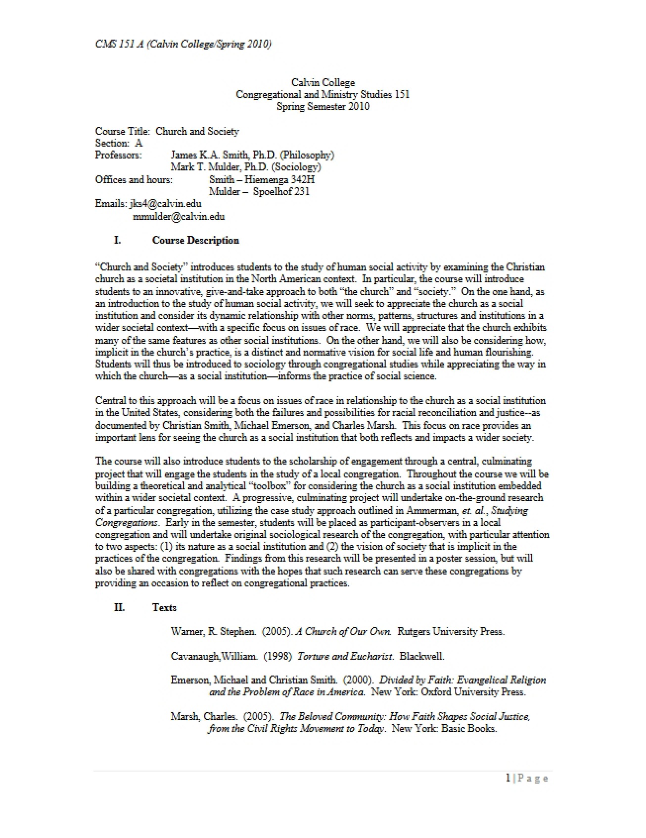 Church and Society Syllabus