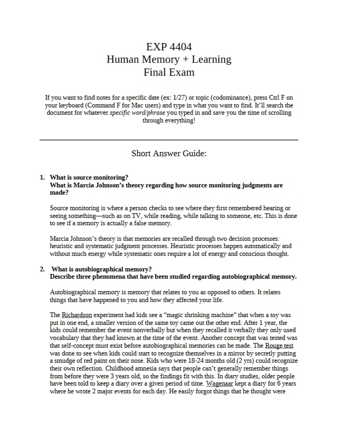 First Examination on Human Memory