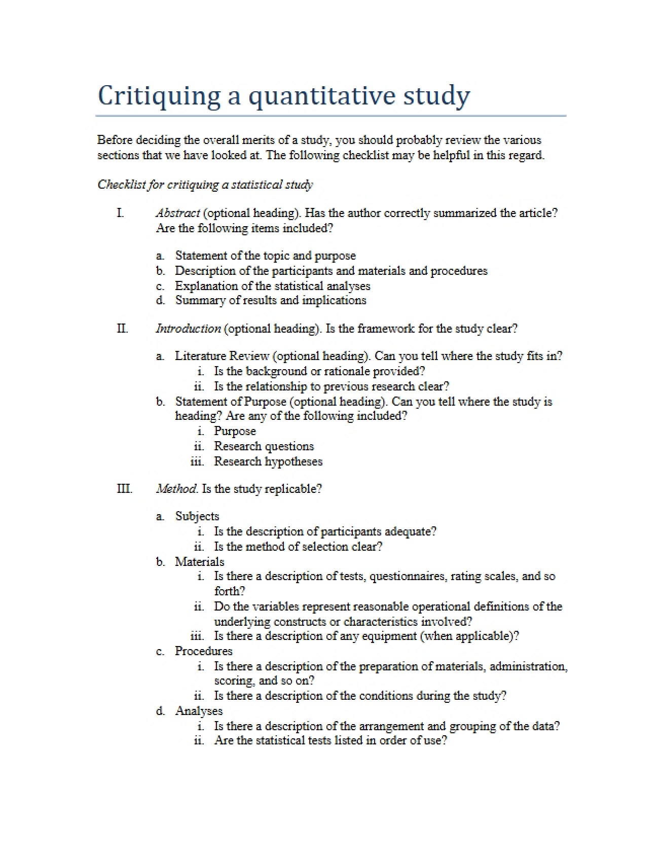Quantitative Study Critique