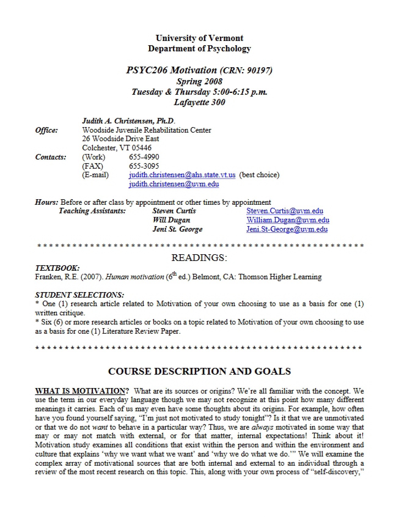 Psychology of Motivation Syllabus