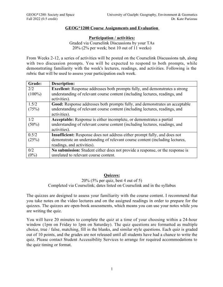 GEOG 1200 Course Evaluation and Assignments (2022)