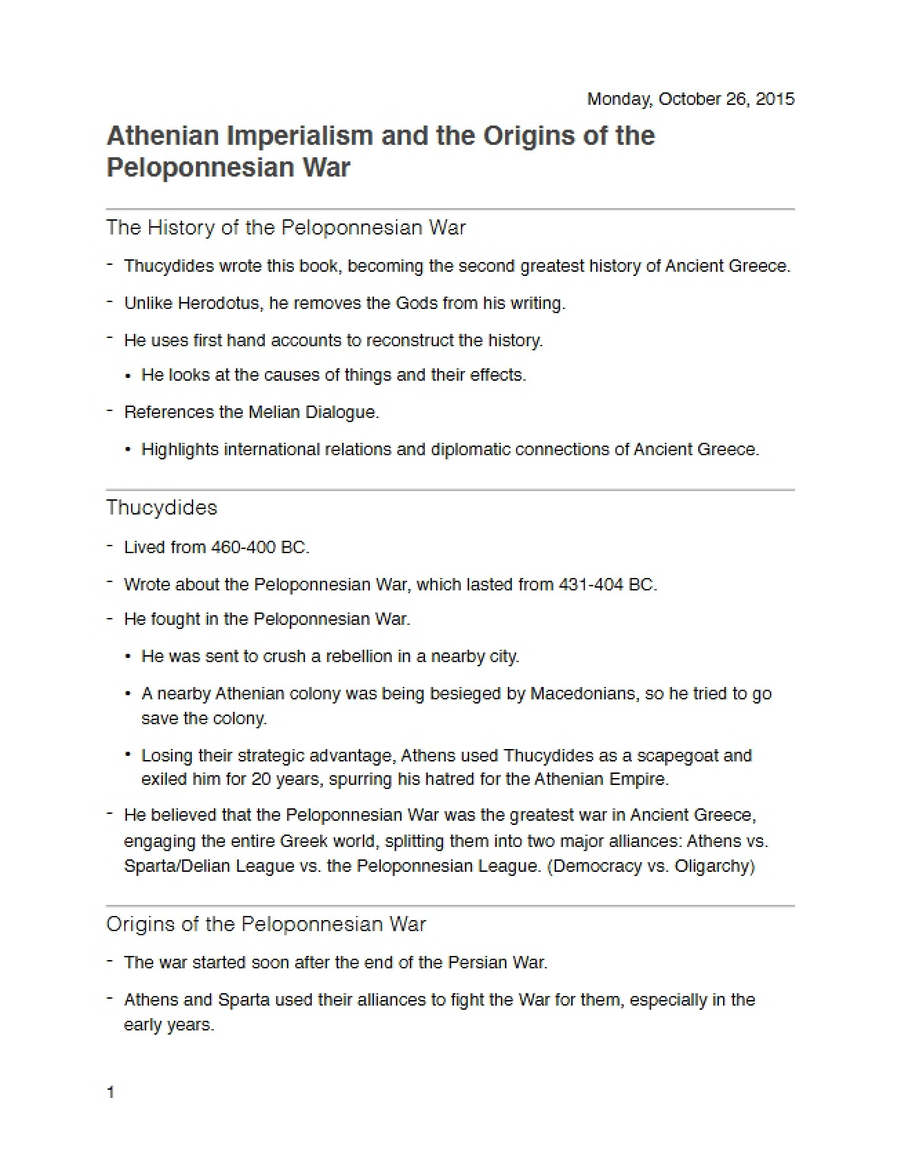 Origins of the Peloponnesian War and Athenian Imperialism