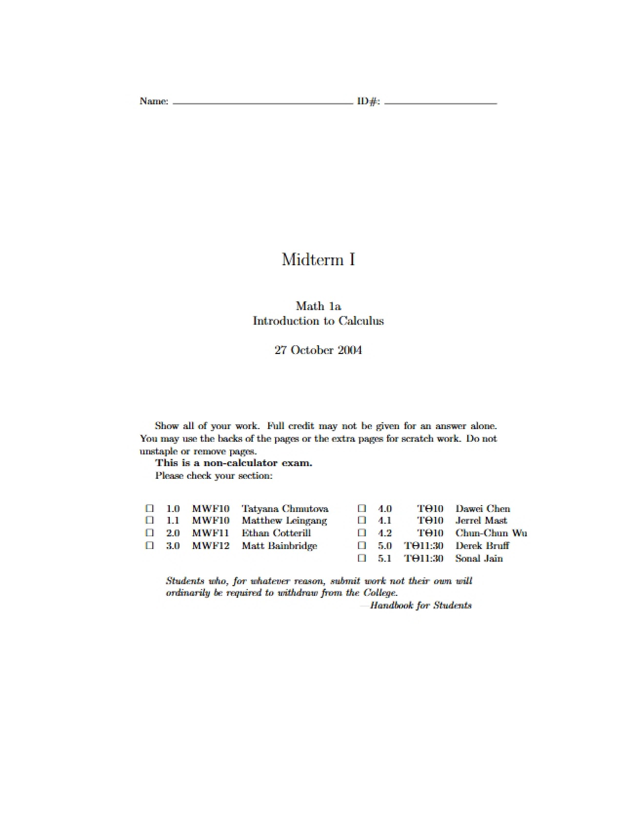 Calculus Midterm I Assessment