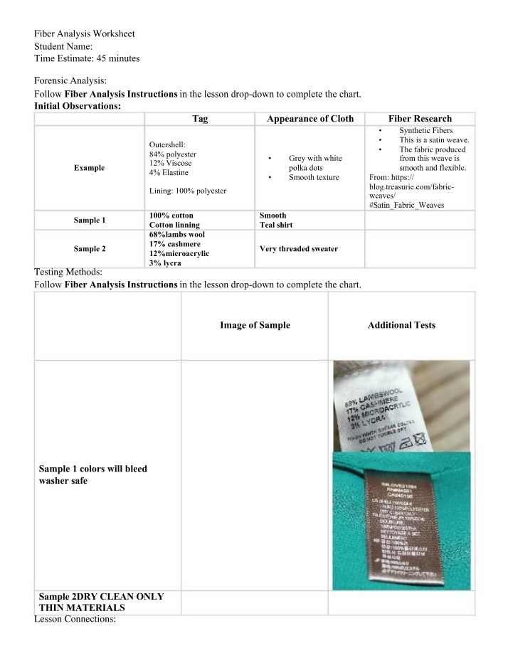 Worksheet on Fiber Analysis