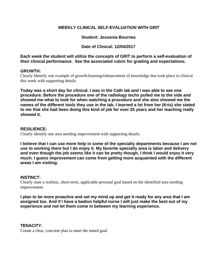 Weekly Clinical Self Evaluation with GRIT Form A