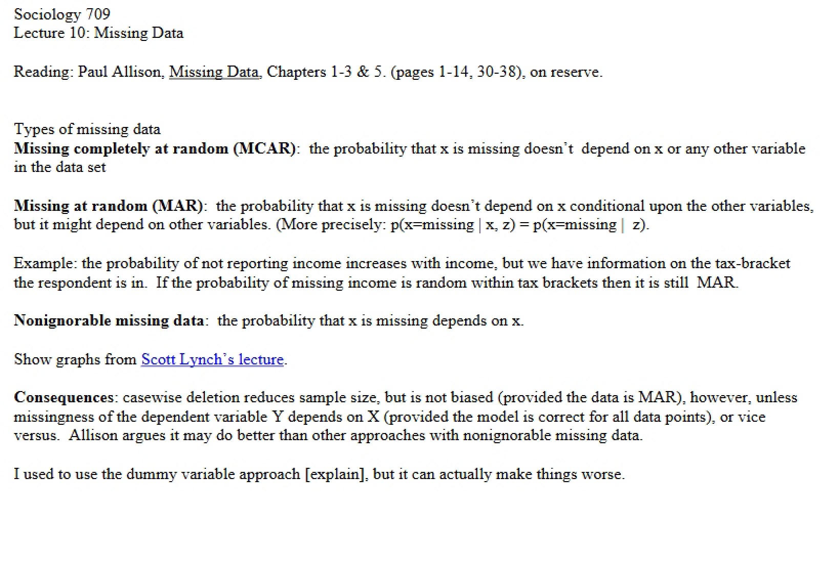 Missing Data Lecture 10