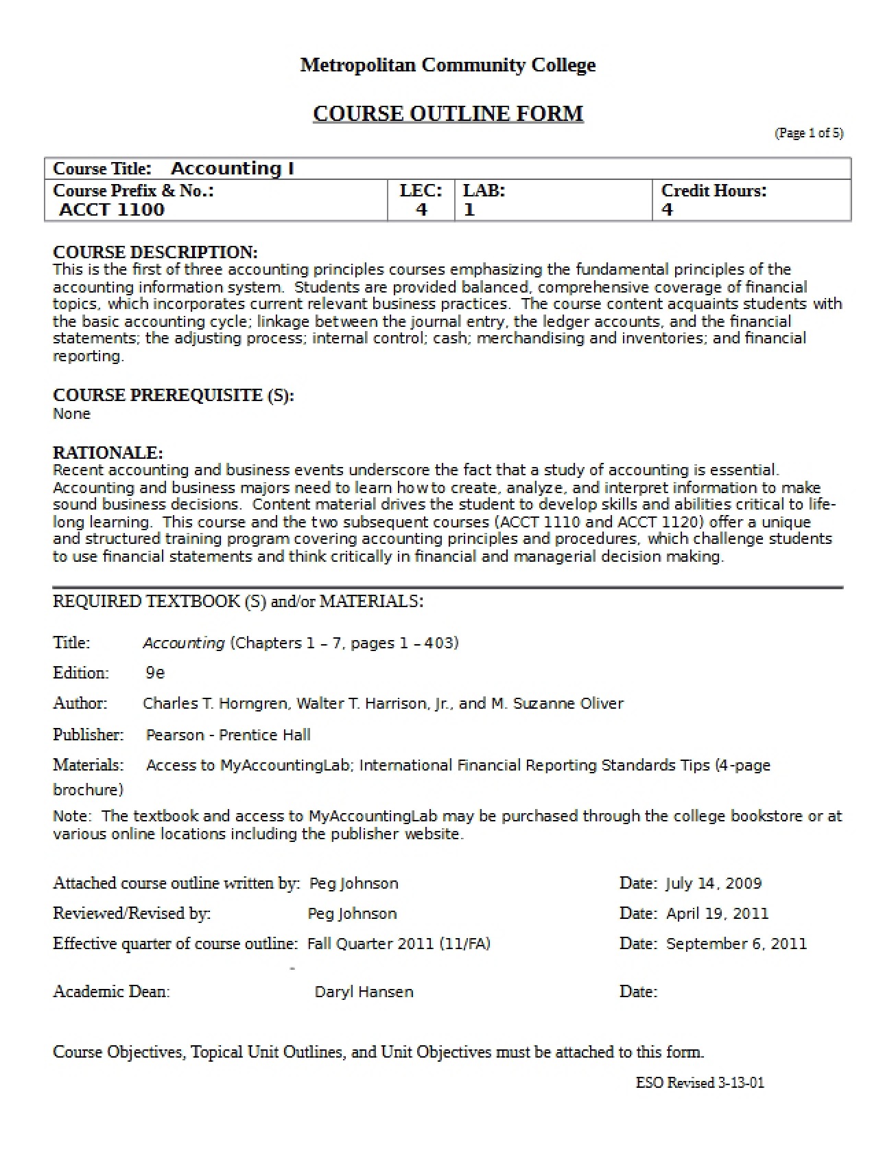 Accounting I Course Outline