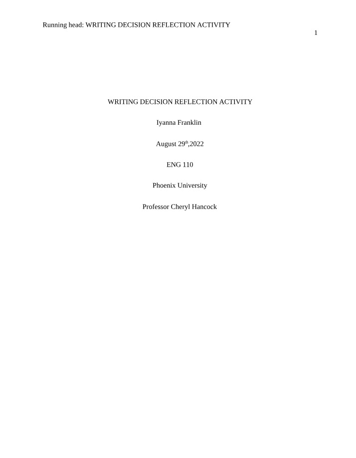 Decision Reflection Writing Activity