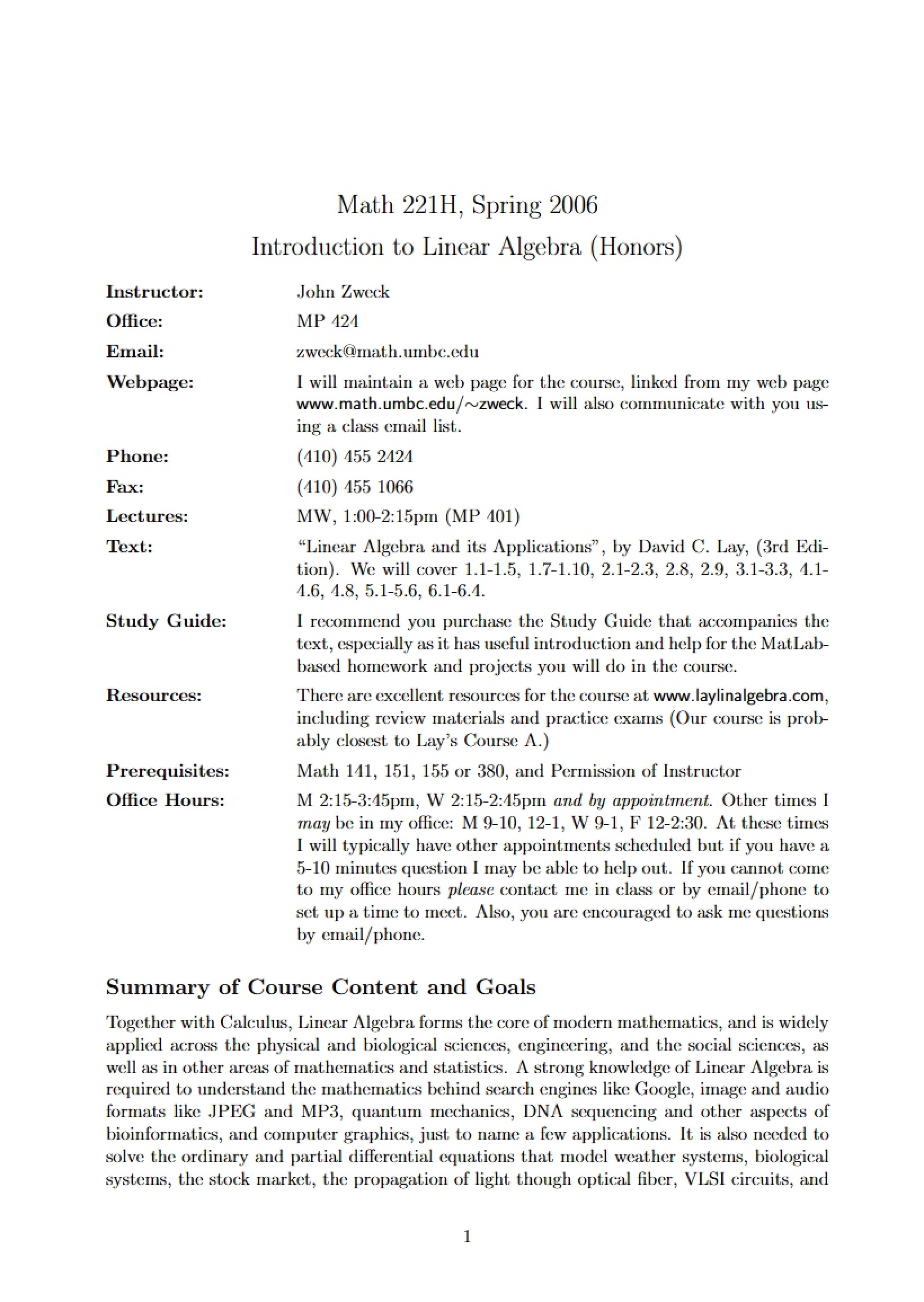 Linear Algebra Syllabus
