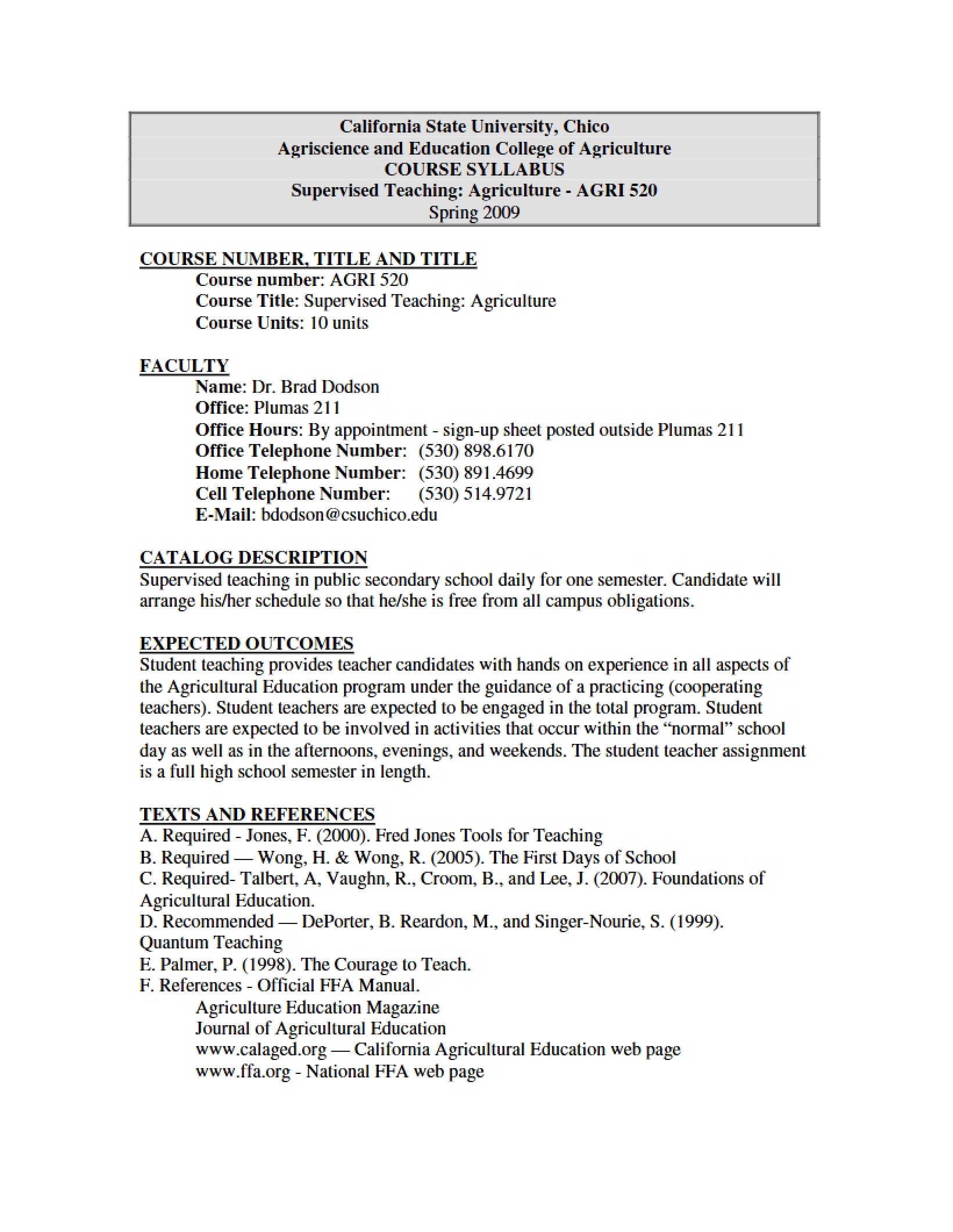 Syllabus Student Teaching in Agriculture