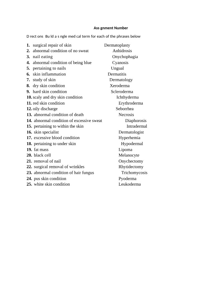 Medical Terminology Assignment 3 - Dermatoplasty, Anhidrosis, Onychophagia