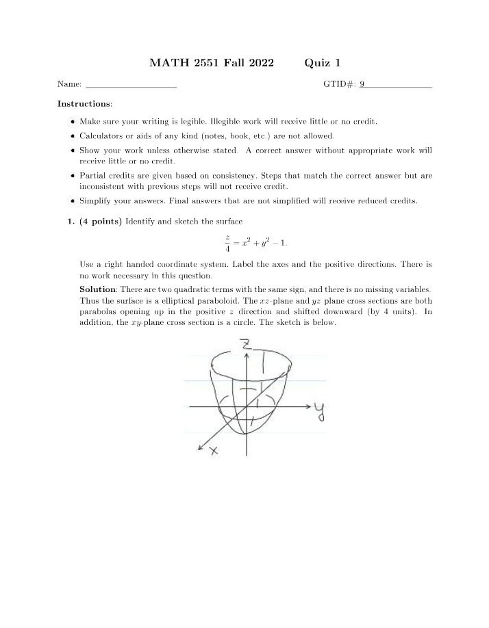 Calculus III Quiz 1 Solutions