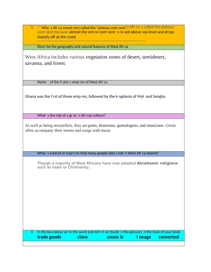 West Africa - Pages 50-55 Questions