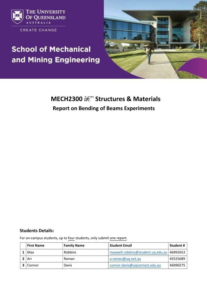 Bending of Beams Experiments - MECH2300 Report