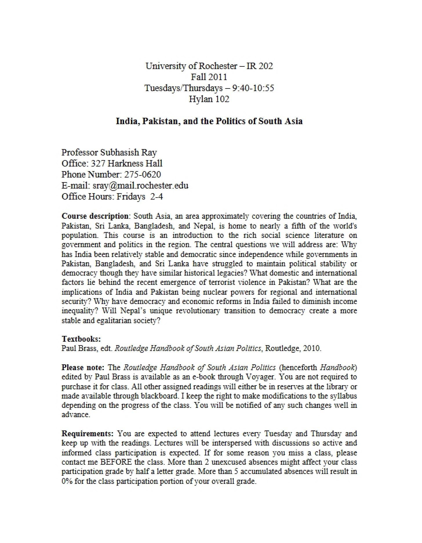 South Asian Politics India and Pakistan Syllabus