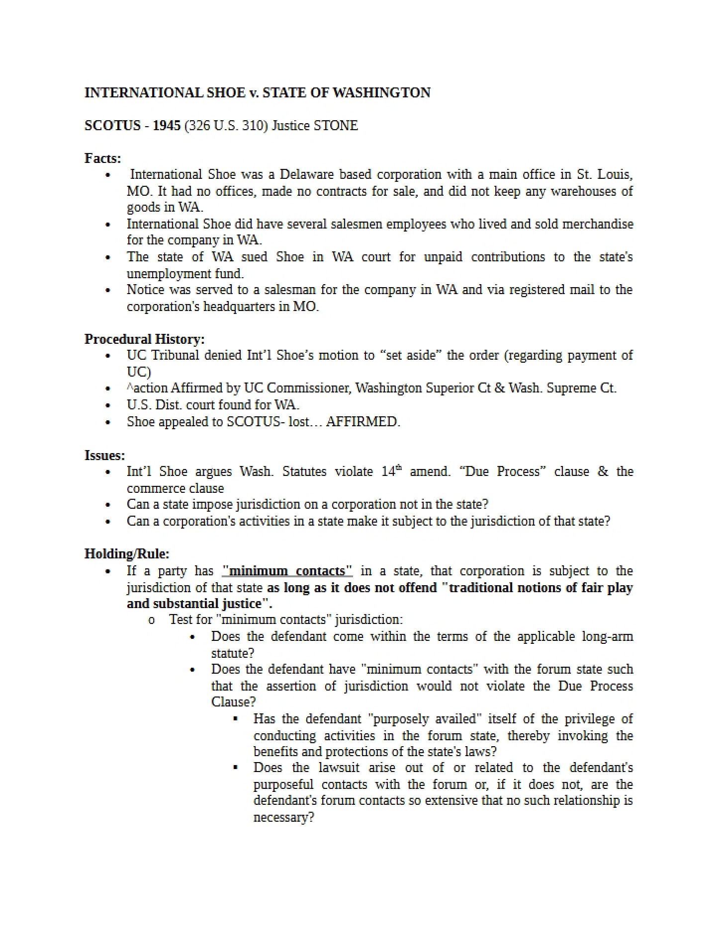 INTERNATIONAL SHOE v WASHINGTON Legal Brief