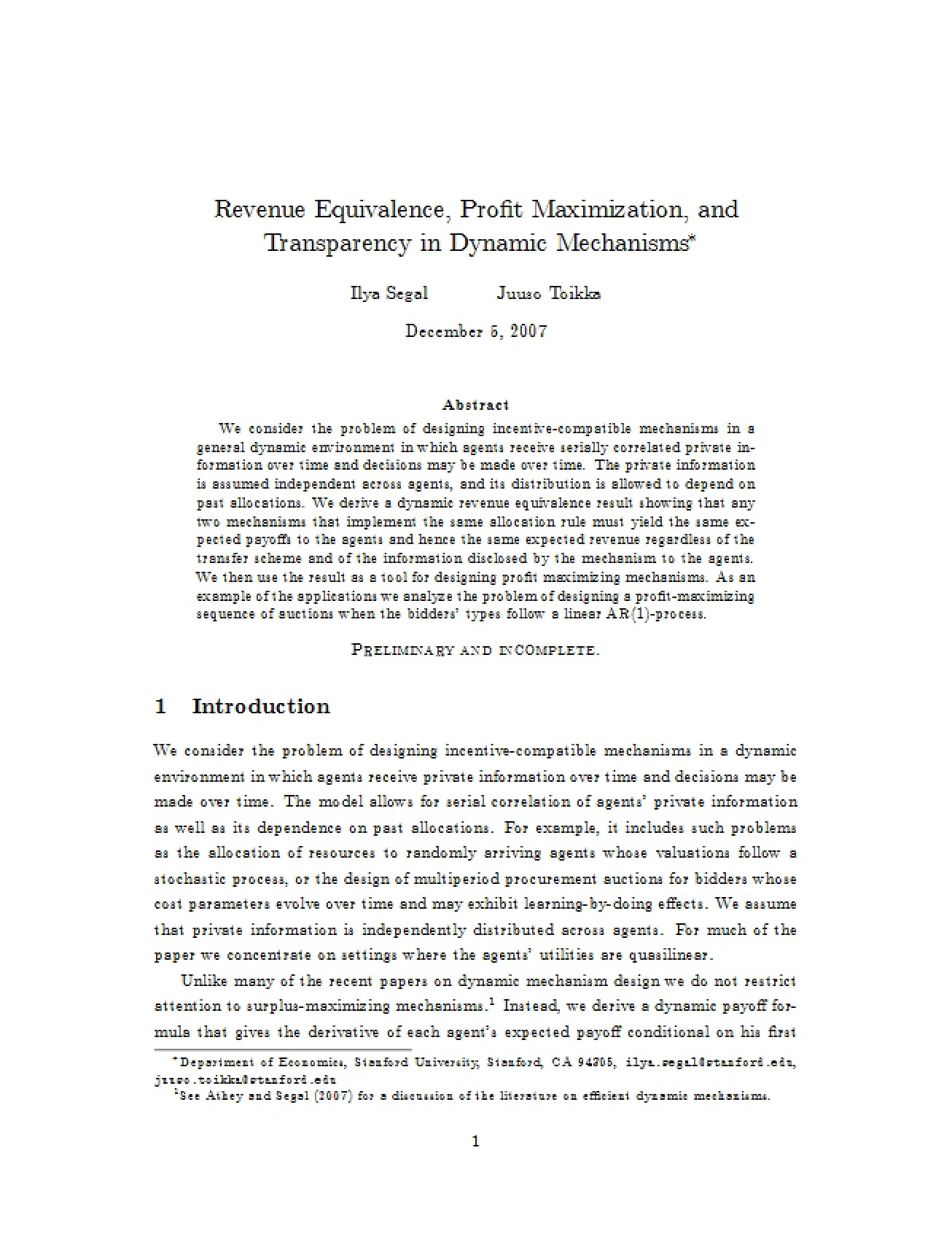 Revenue Equivalence Dynamics