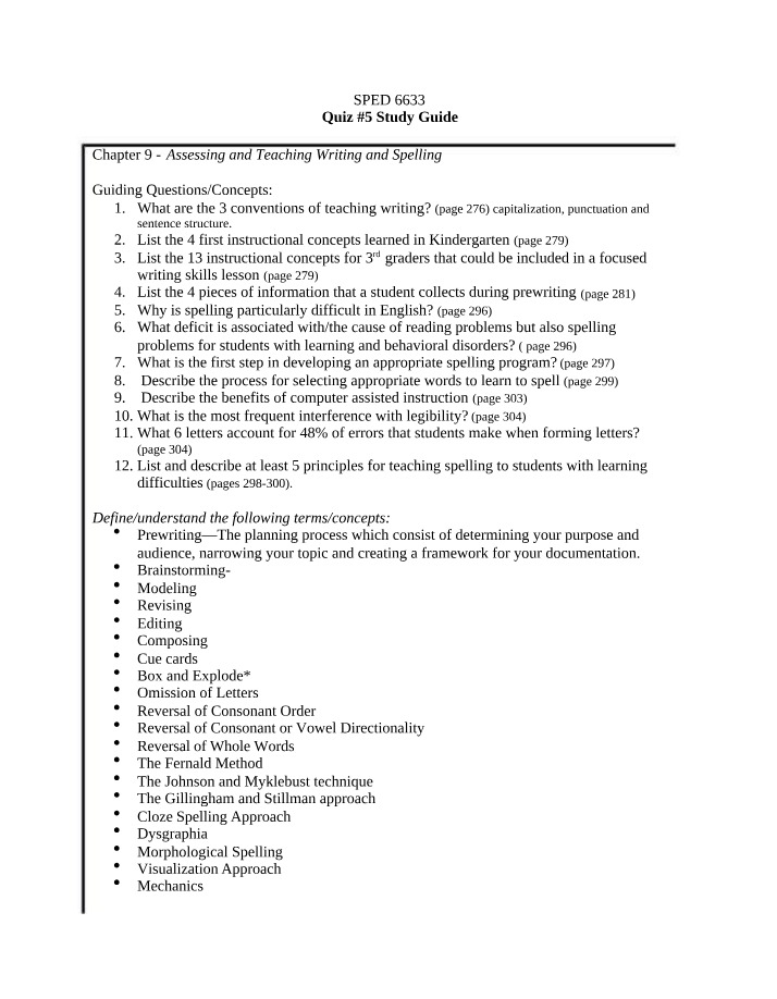 Writing Quiz 5 - Chapter 9 Study Guide