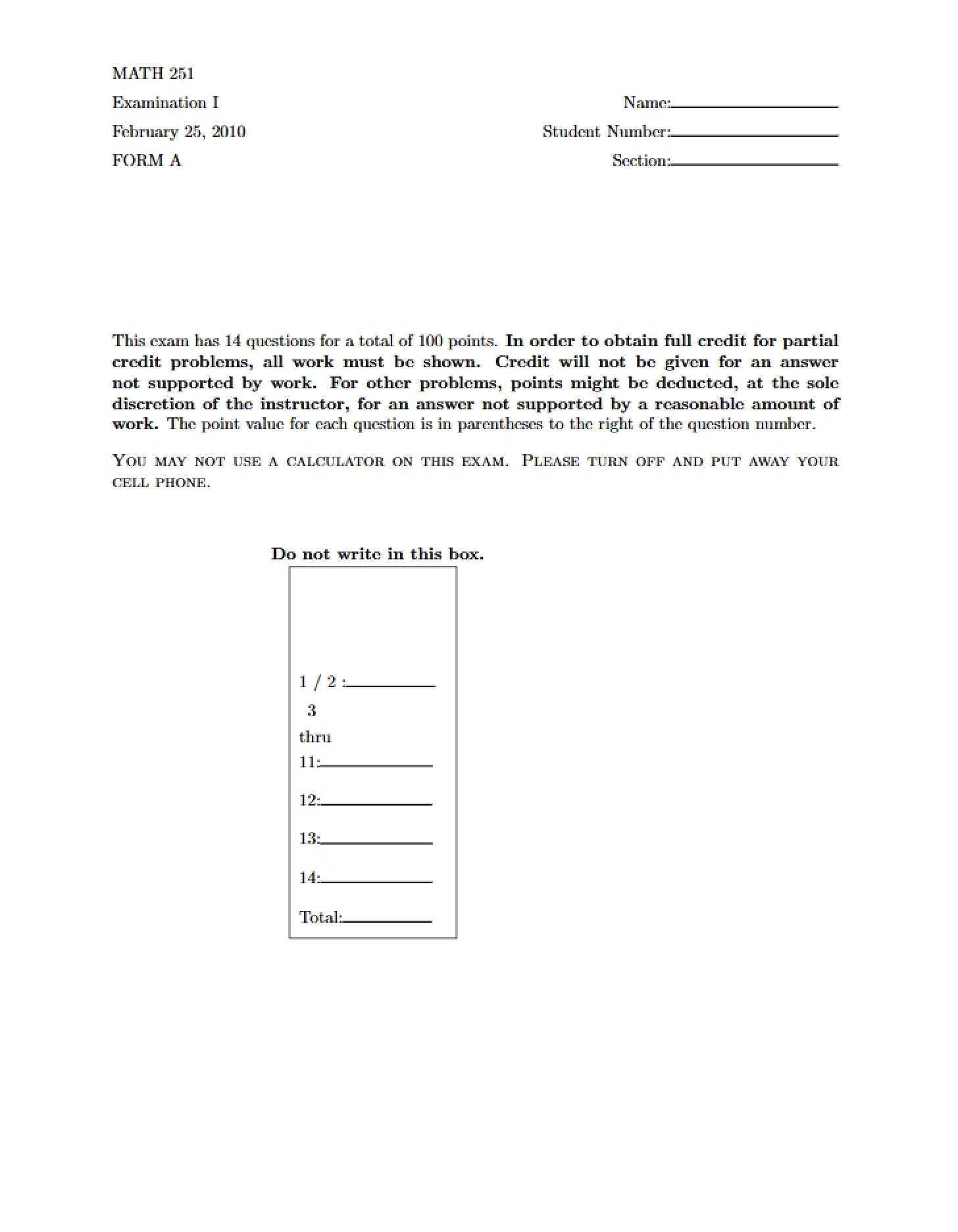 First Test Math 251 - 10 Pages