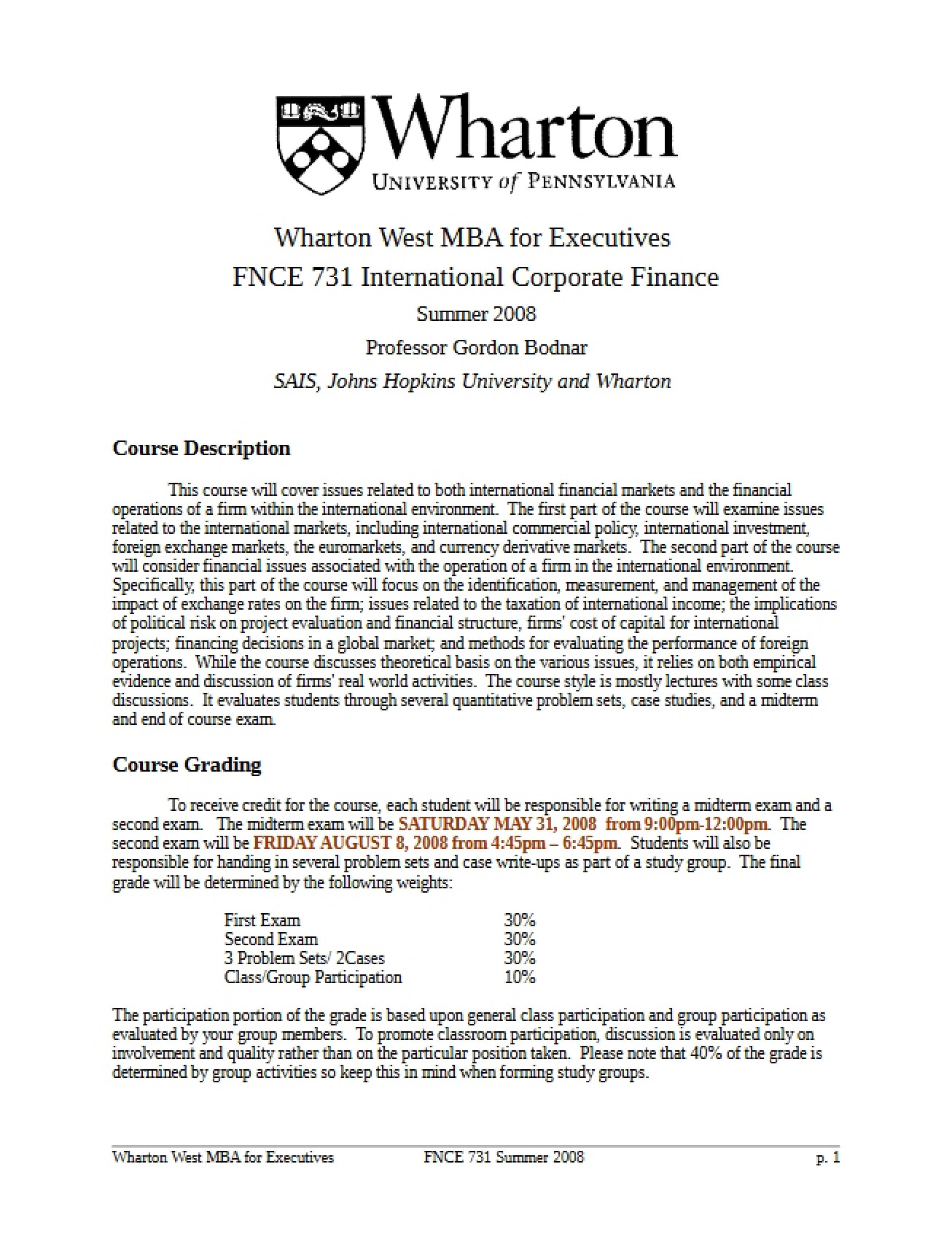 FNCE 731 Course Syllabus (I)