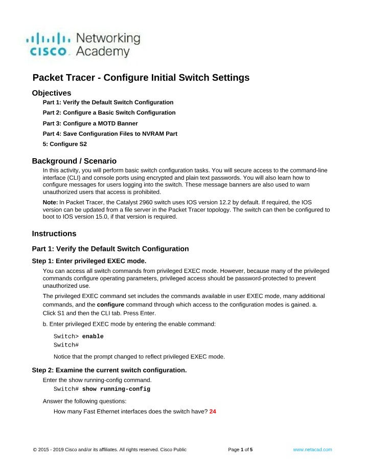 Packet Tracer Configure Initial Switch Settings
