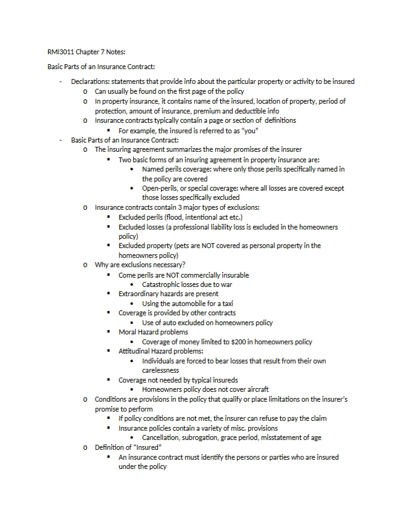 Insurance Contract Components