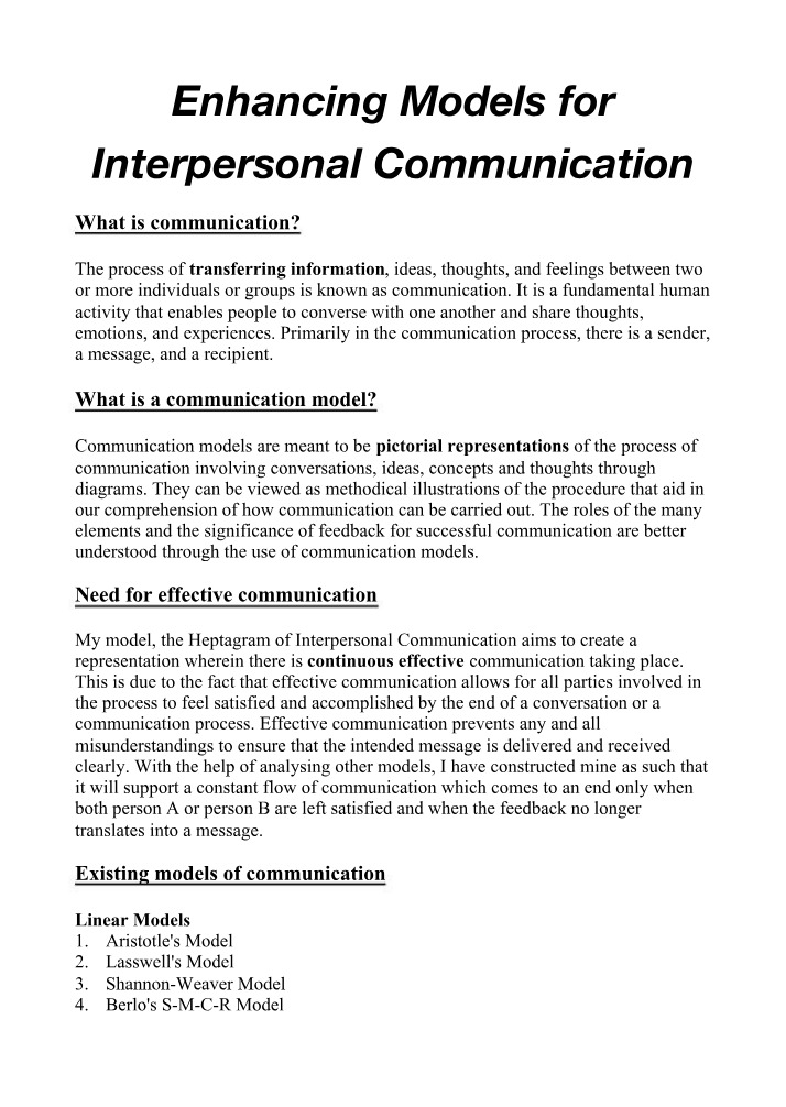 Notes on Enhancing Models for Interpersonal Communication
