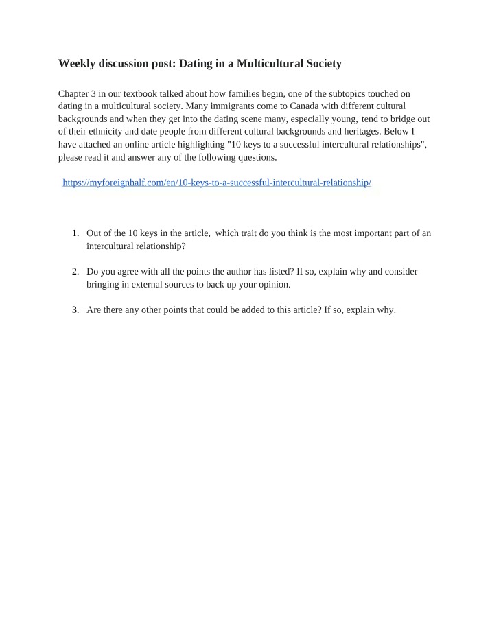 Dating in a Multicultural Society - Discussion Post