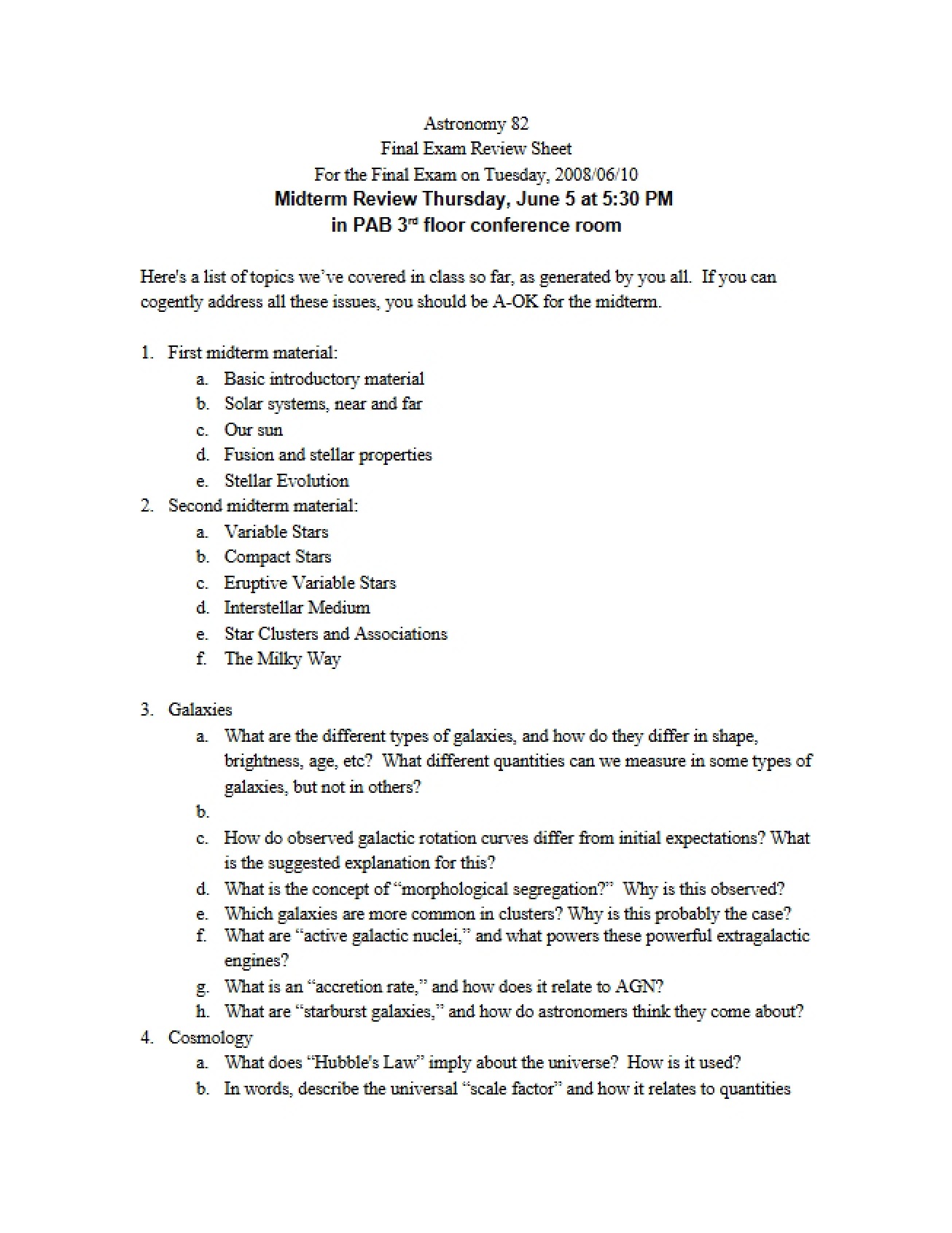 Final Exam Review Sheet