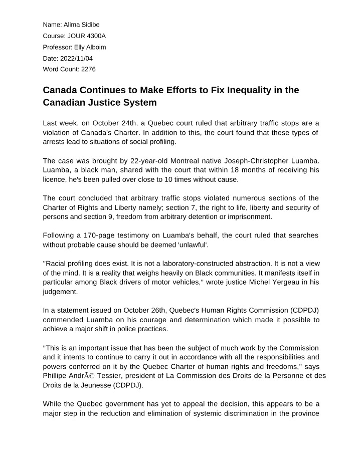 Reducing Inequality in Canada's Justice System - A Case Study