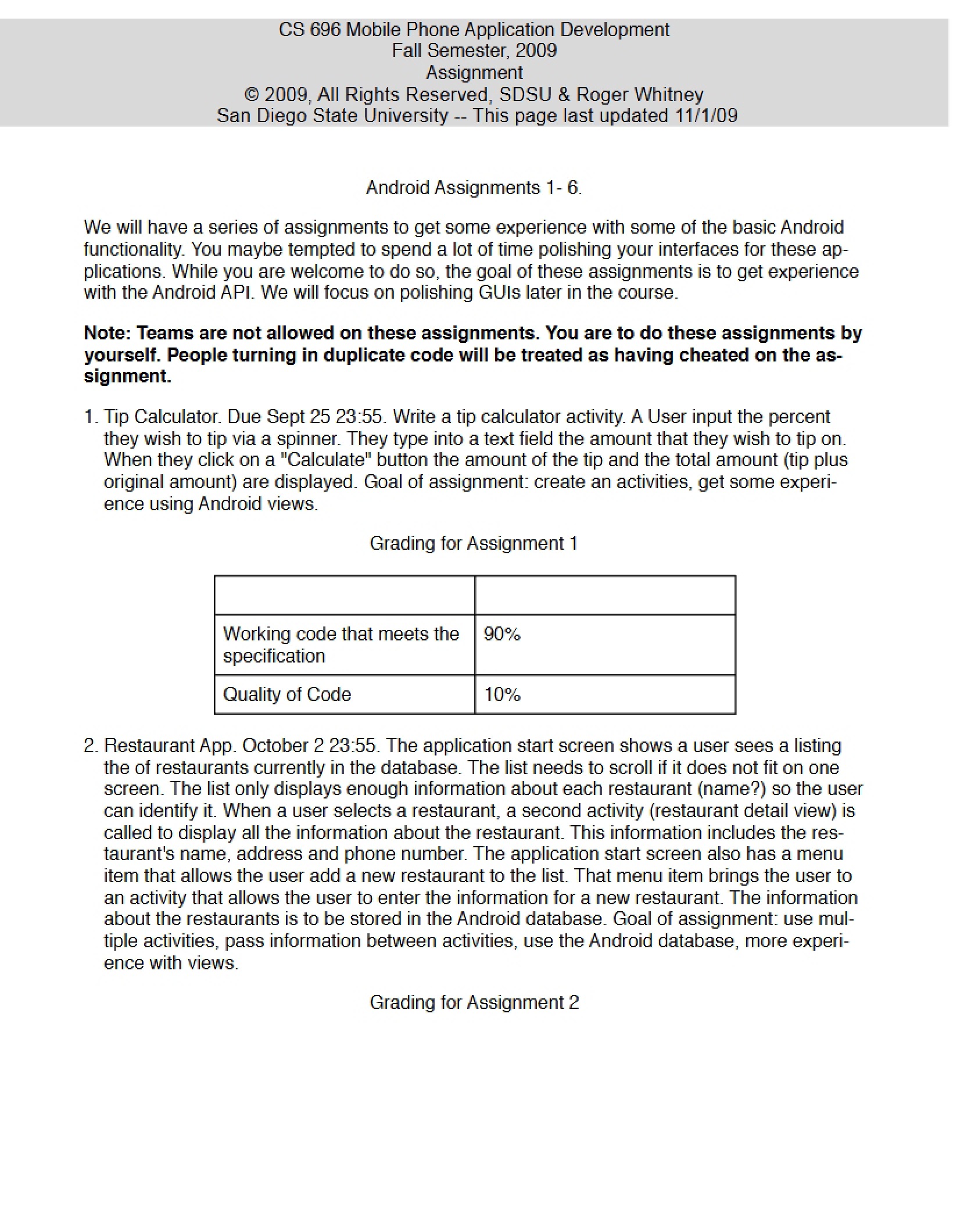 Android Assignments 1 through 6