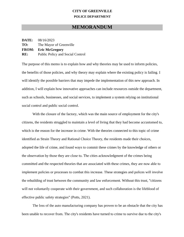 Memorandum on Public Policy and Social Control
