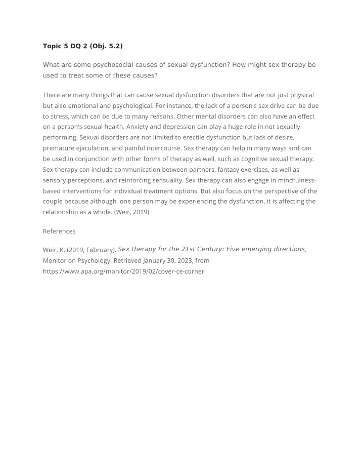 Sexual Dysfunction - Psychosocial Factors and Treatment