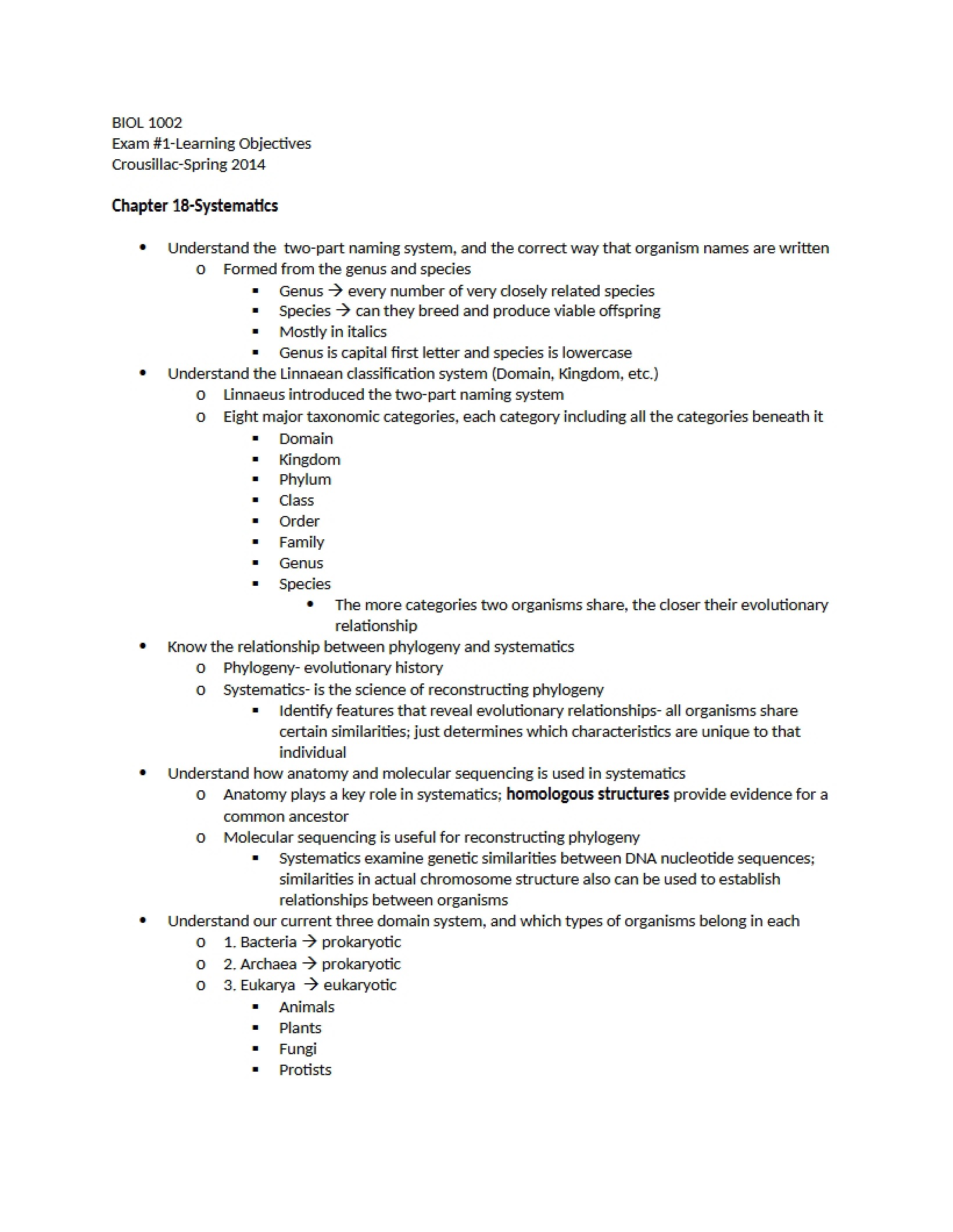 Learning Objectives Exam 1