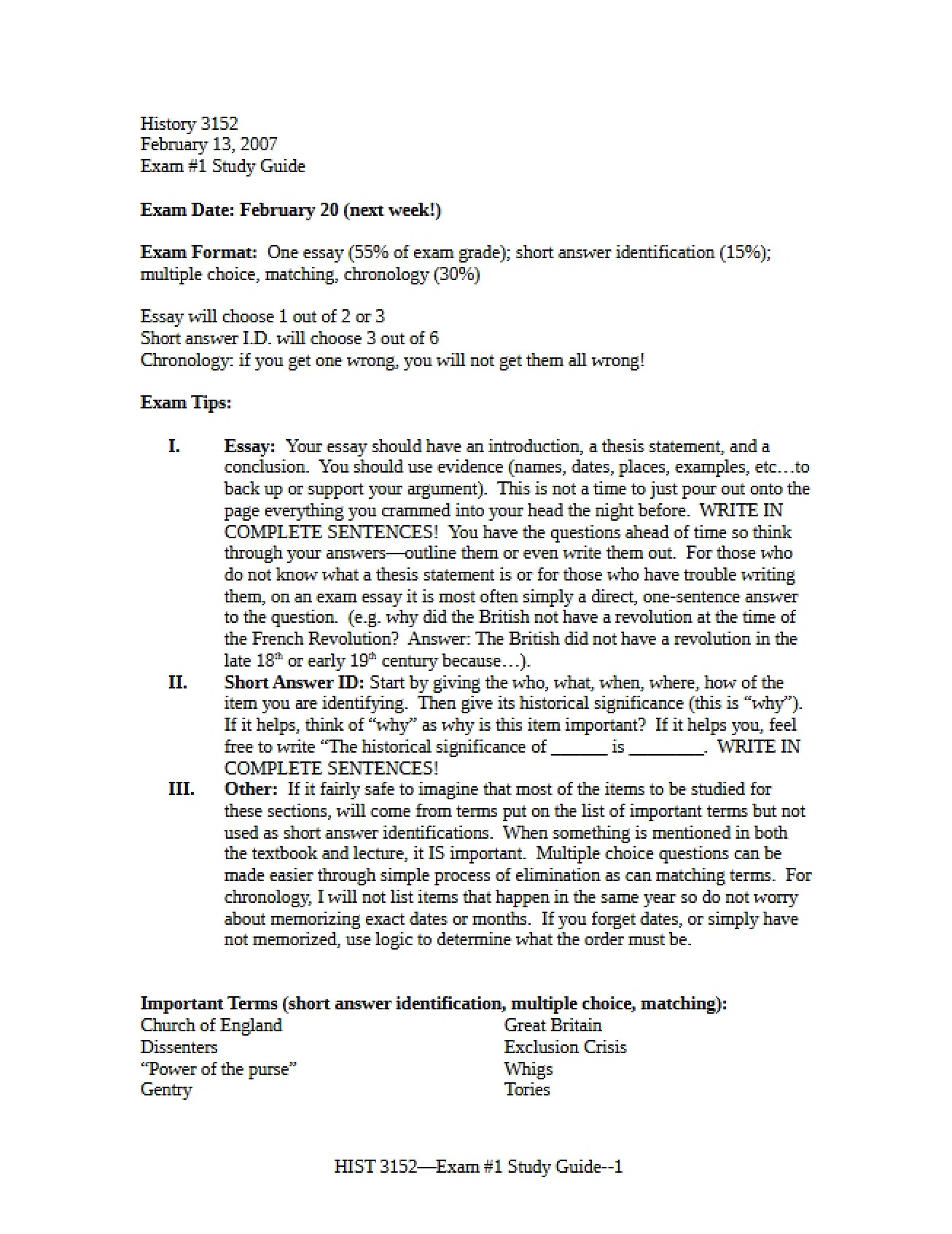 Study Guide for Exam 01