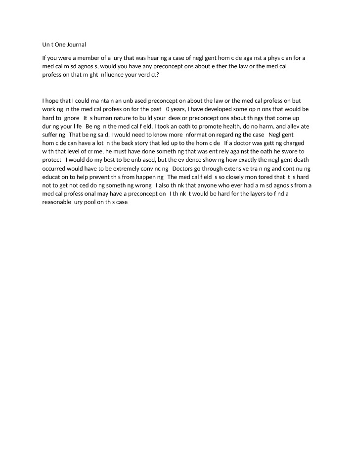 Unit One Journal - Negligent Homicide Case Preconceptions