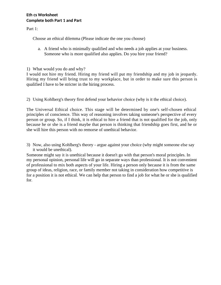 Worksheet for Ethics Analysis