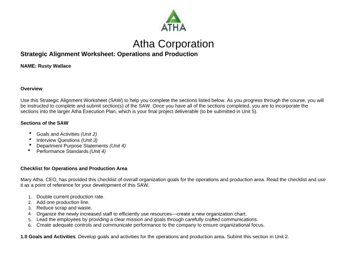Worksheet - Operations and Production Strategic Alignment